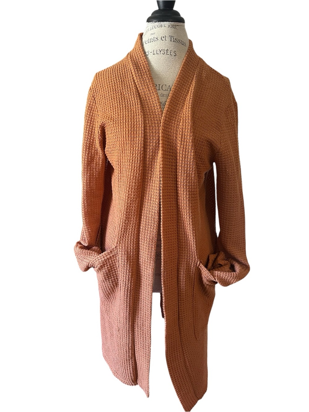 Women's Open-Front Waffle Knit Cardigan - Rust